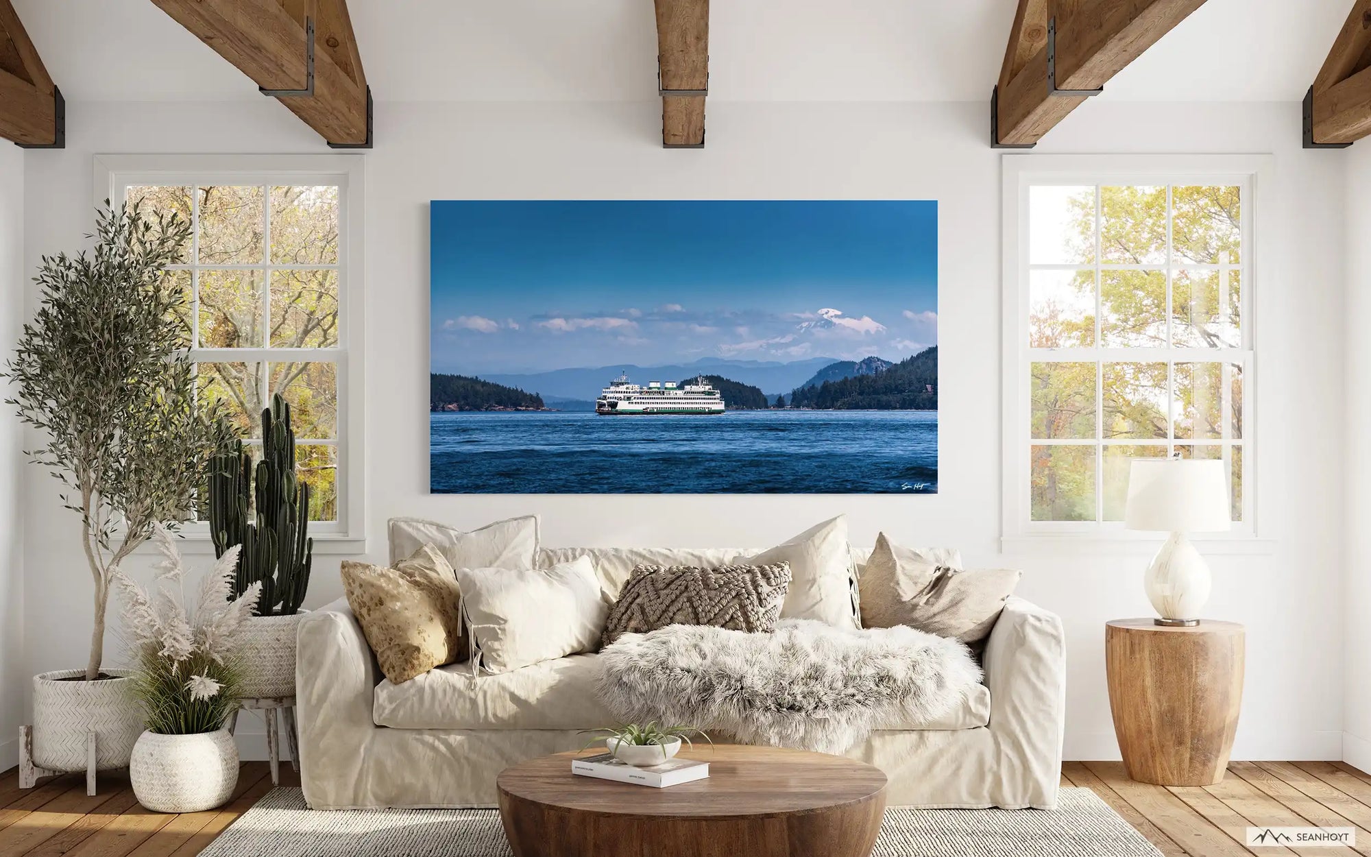 a san juan ferry passes below Mount Baker
