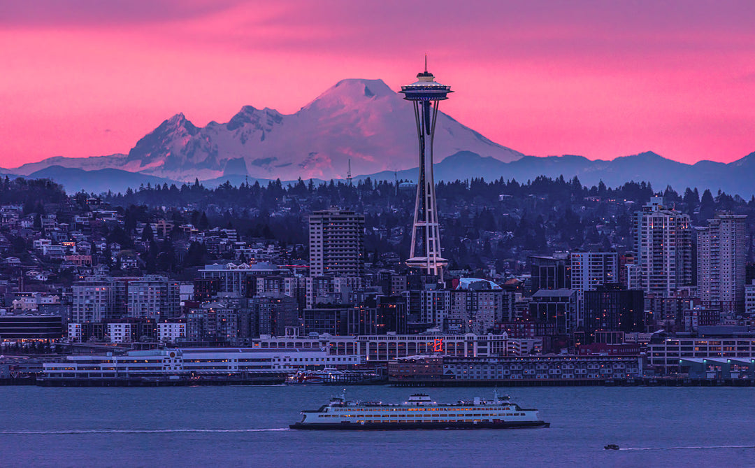 Seattle Ferry, Space Needle, and Mount Baker Aligned