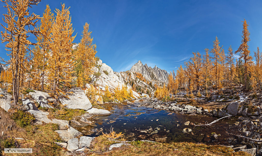 Enchantments Stream framed by Prusik Peak and Golden Larches