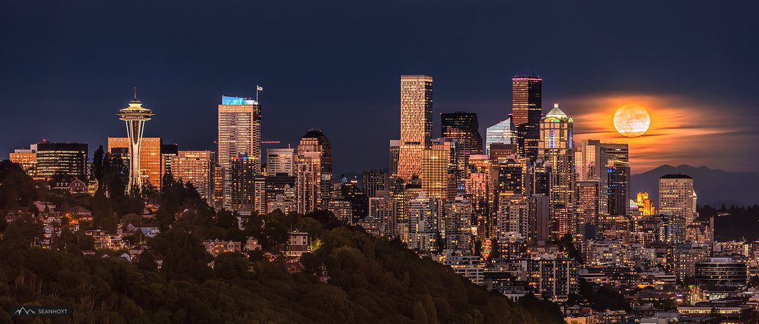 Full Moon Rise behind Downtown Seattle